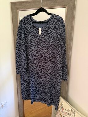 Blue Leopard Print Long Sleeve Tunic Dress Womens Plus size